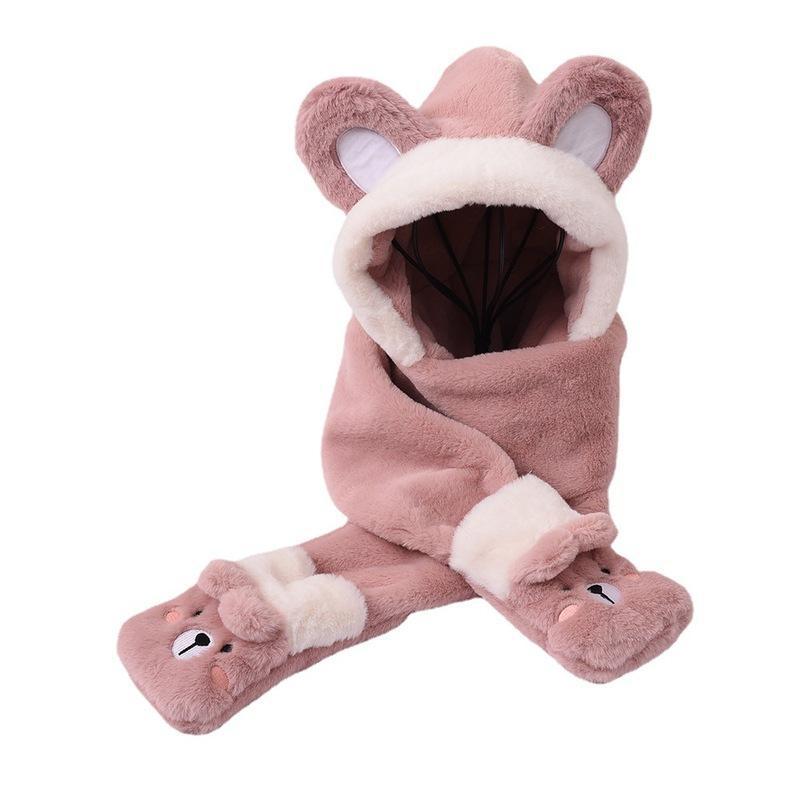 Bear Rabbit Hat Gloves Scarf Set For Children dark pink bear  