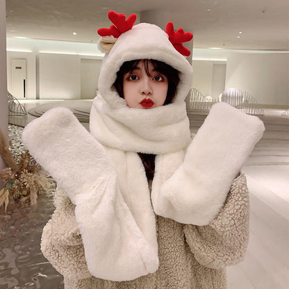 Christmas Antlers Warm Thickened One Piece Hat Gloves Scarf milk white  