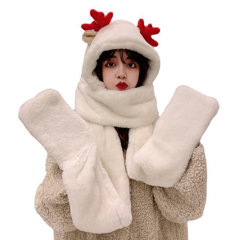 Christmas Antlers Warm Thickened One Piece Hat Gloves Scarf   