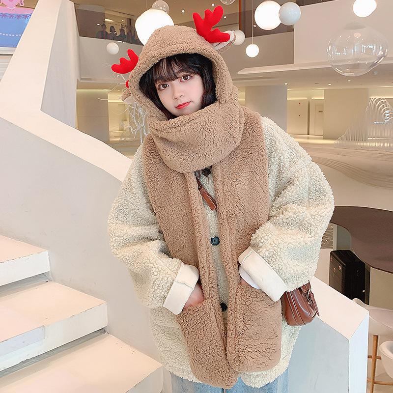 Christmas Antlers Warm Thickened One Piece Hat Gloves Scarf coffee  