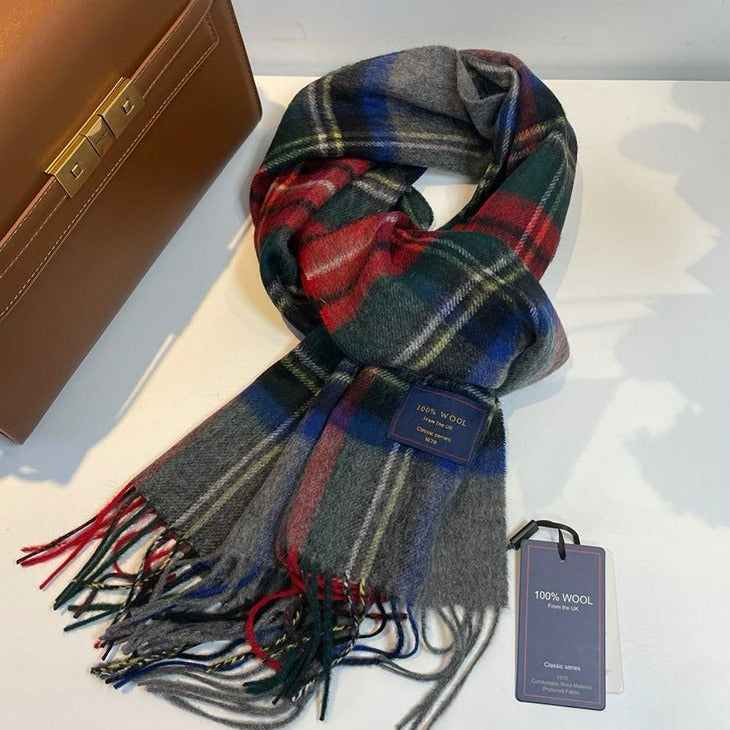 Classic British Plaid Wool Scarf Multicolors gray-red  