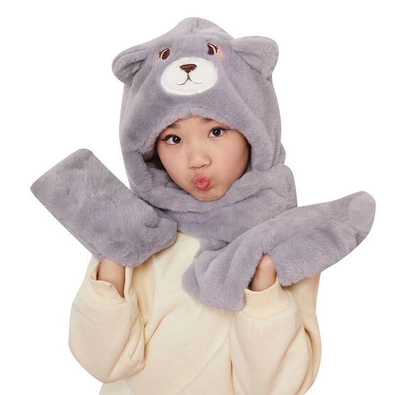 Cute Bear Thickened Hat Gloves Scarf Set For Children gray  
