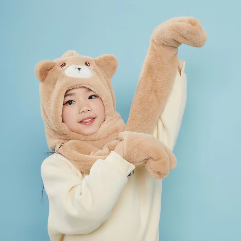 Cute Bear Thickened Hat Gloves Scarf Set For Children khaki  