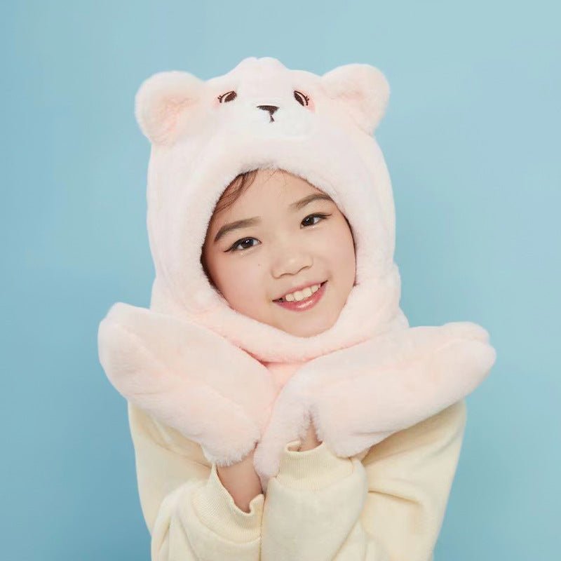 Cute Bear Thickened Hat Gloves Scarf Set For Children snow pink  