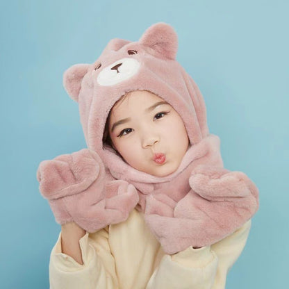 Cute Bear Thickened Hat Gloves Scarf Set For Children pink  