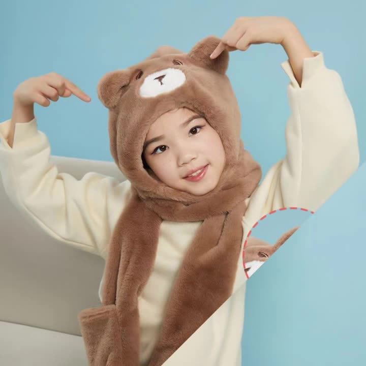 Cute Bear Thickened Hat Gloves Scarf Set For Children brown  