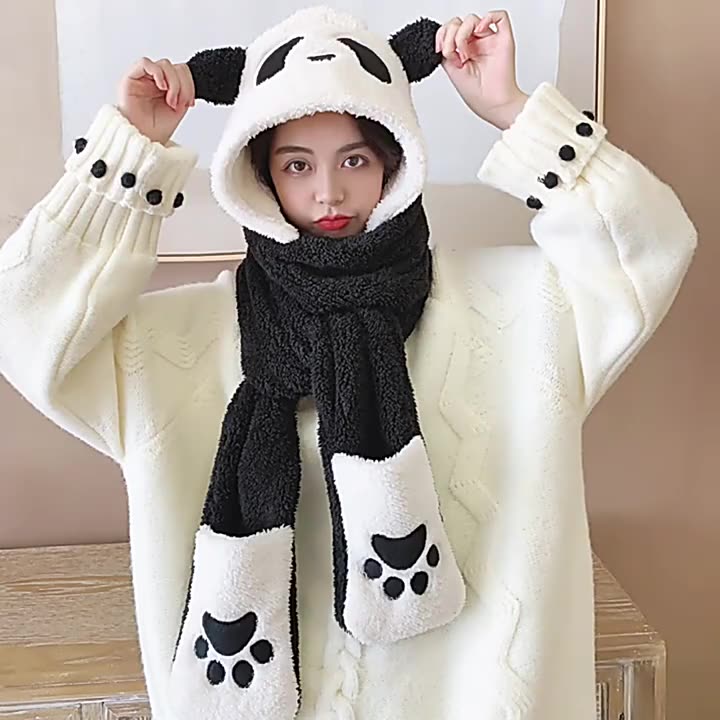 Cute Panda Warm Thickened One Piece Hat Gloves Scarf black and white  