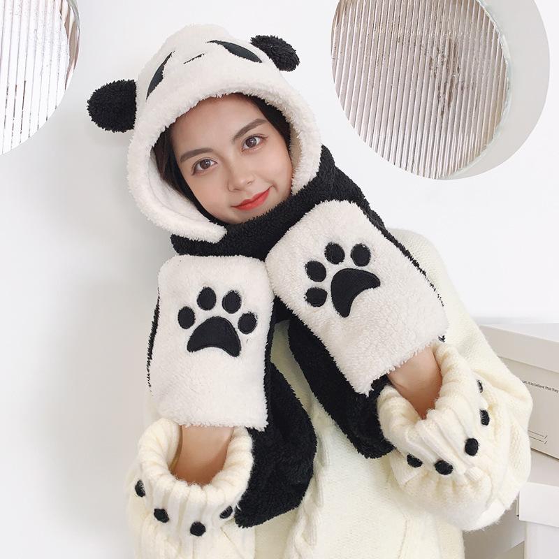 Cute Panda Warm Thickened One Piece Hat Gloves Scarf   