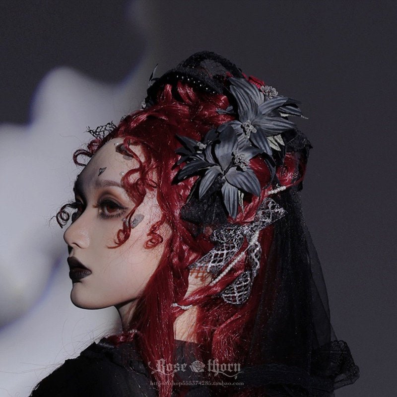 Halloween Dark Gothic Black Lily Embossed Hair Band Hair Clip Brooch - TOY-PLU-139001 - Rose thorn - 42shops