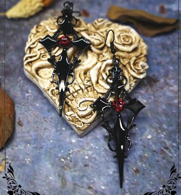 Halloween Dark Gothic Cross Red Black Dropped Earrings Necklace - TOY-ACC-61801 - Rose thorn - 42shops