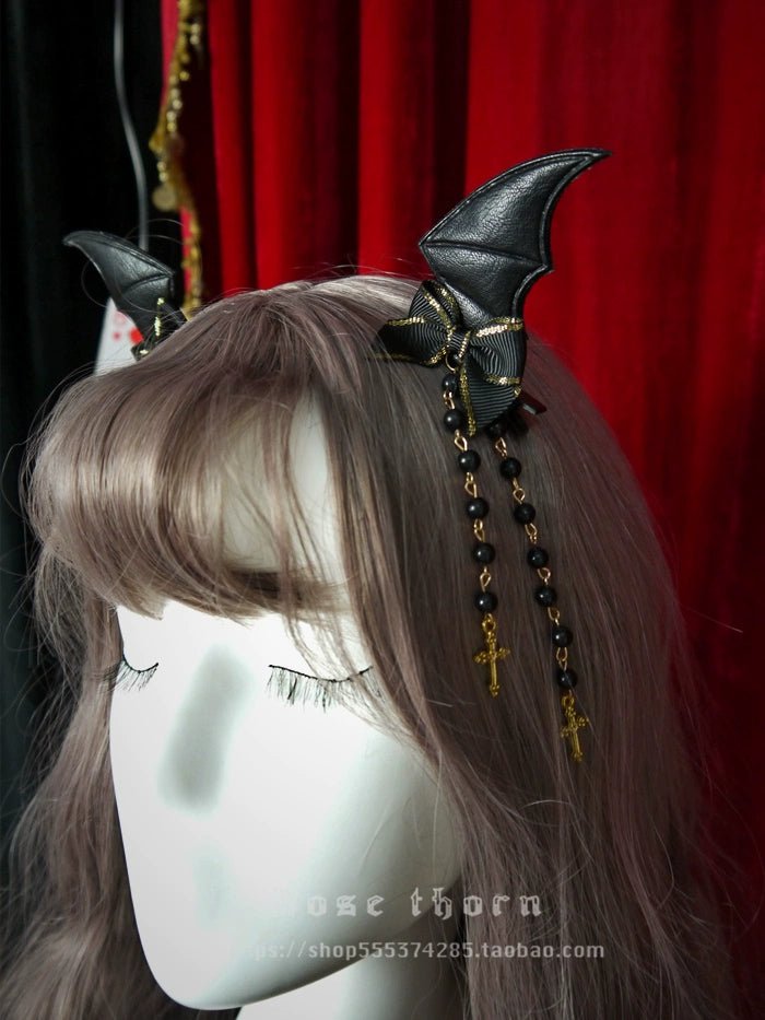 Halloween Dark Gothic Demon Leather Bat Cross Bead Chain Hairpin - TOY-ACC-61106 - Rose thorn - 42shops