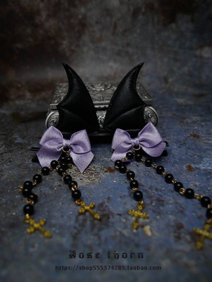 Halloween Dark Gothic Demon Leather Bat Cross Bead Chain Hairpin - TOY-ACC-61107 - Rose thorn - 42shops