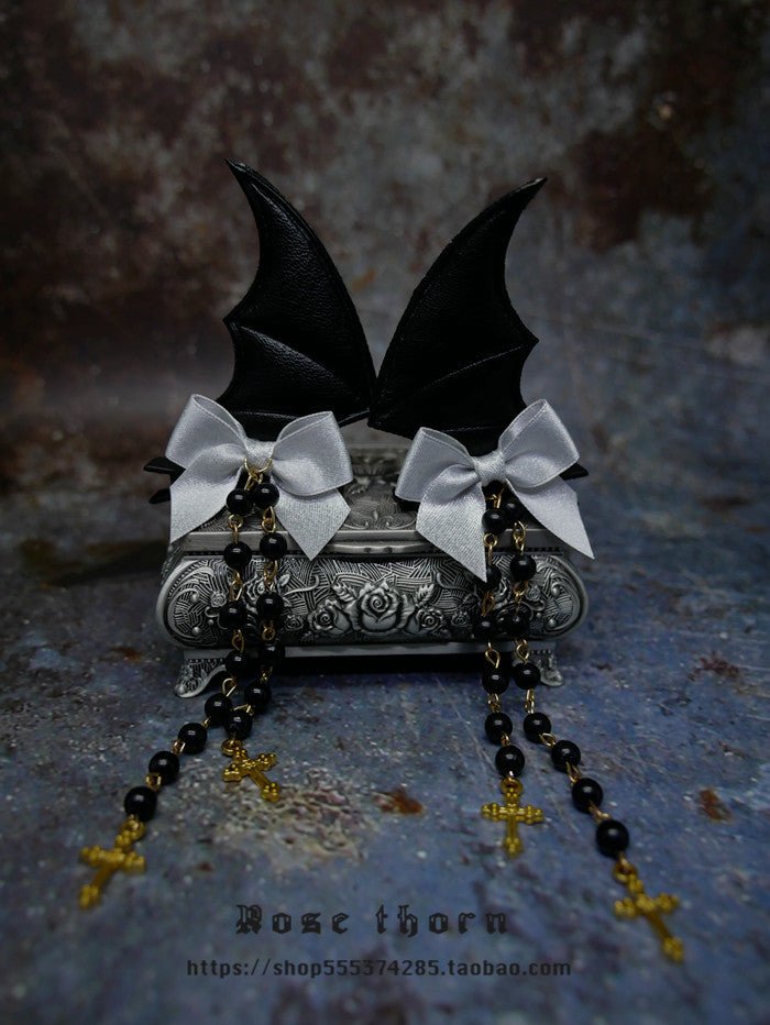 Halloween Dark Gothic Demon Leather Bat Cross Bead Chain Hairpin - TOY-ACC-61102 - Rose thorn - 42shops