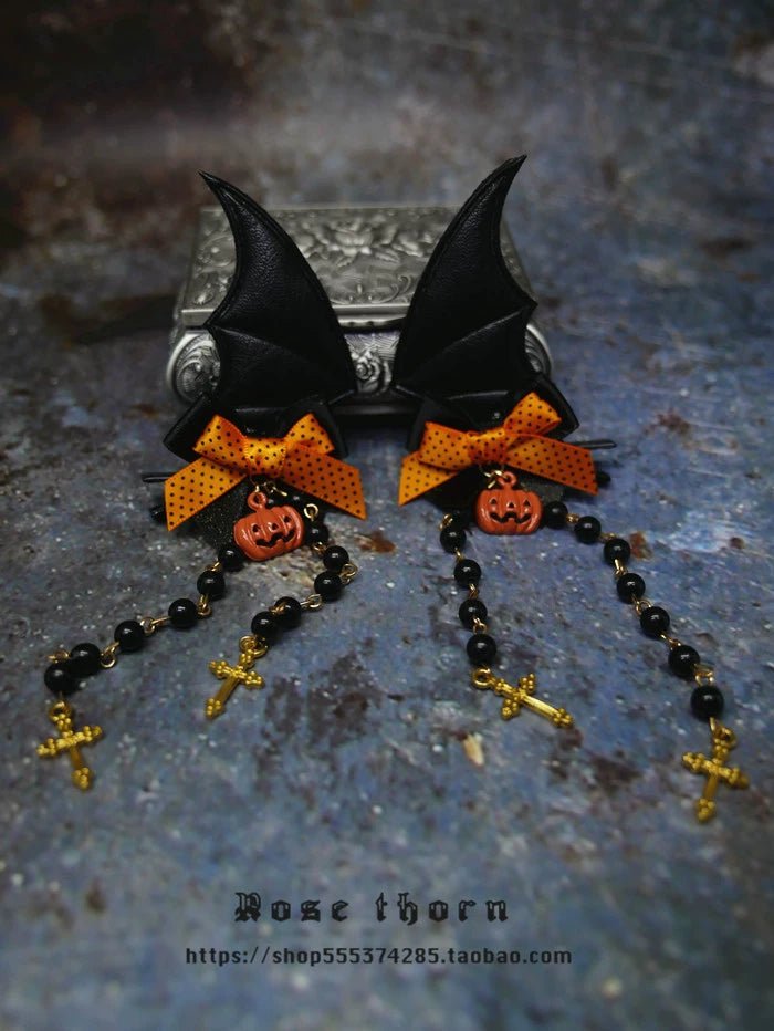 Halloween Dark Gothic Demon Leather Bat Cross Bead Chain Hairpin - TOY-ACC-61108 - Rose thorn - 42shops