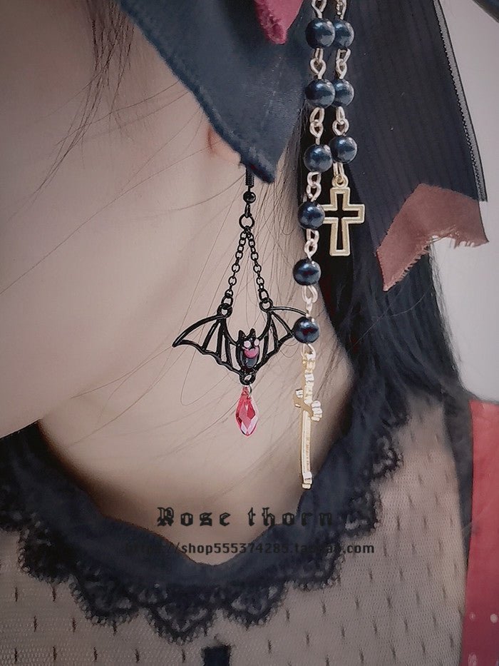 Halloween Dark Gothic Little Bat Jewelry Set Earrings Necklace - TOY-PLU-138901 - Rose thorn - 42shops