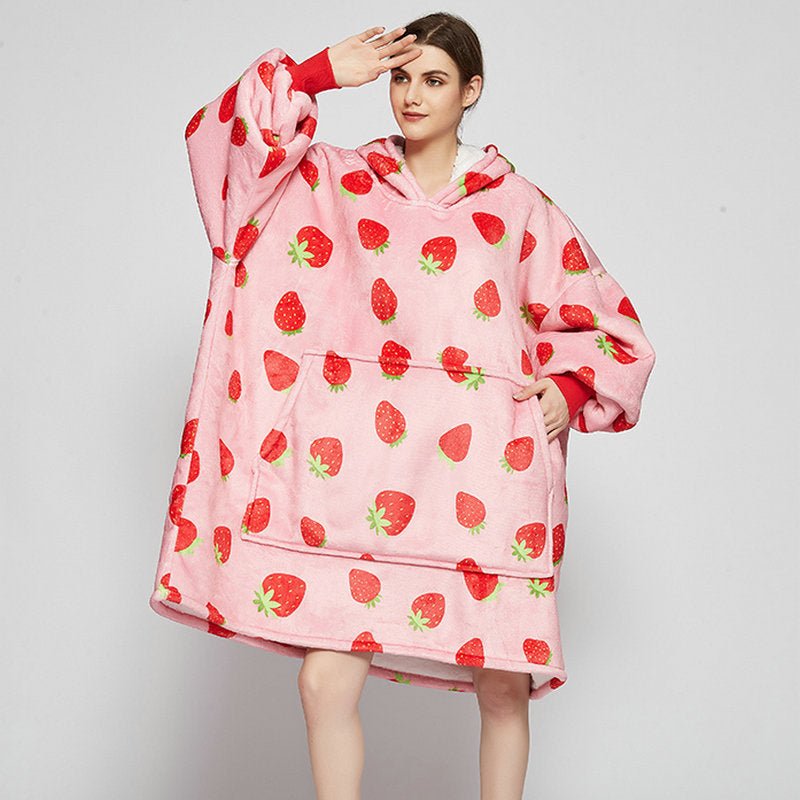 Oversized Thickened Velvet Blanket Hoodies pink strawberyy  