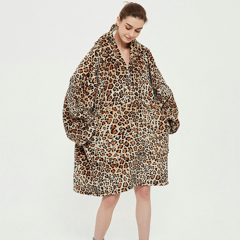 Oversized Thickened Velvet Blanket Hoodies leopard grain  