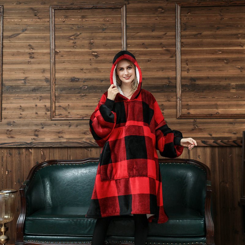 Oversized Thickened Velvet Blanket Hoodies big red and black check  