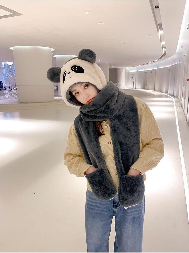 Panda Plush Warm Thickened One Piece Hat Gloves Scarf   