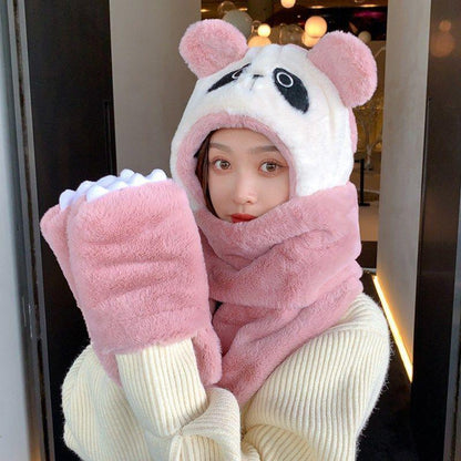 Panda Plush Warm Thickened One Piece Hat Gloves Scarf pink  