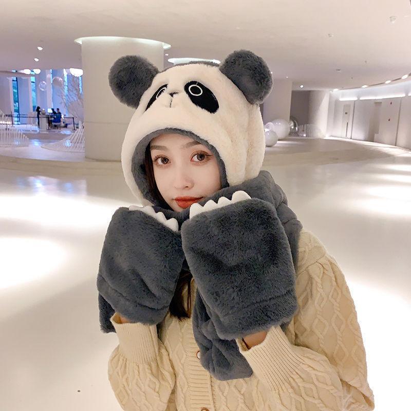 Panda Plush Warm Thickened One Piece Hat Gloves Scarf   