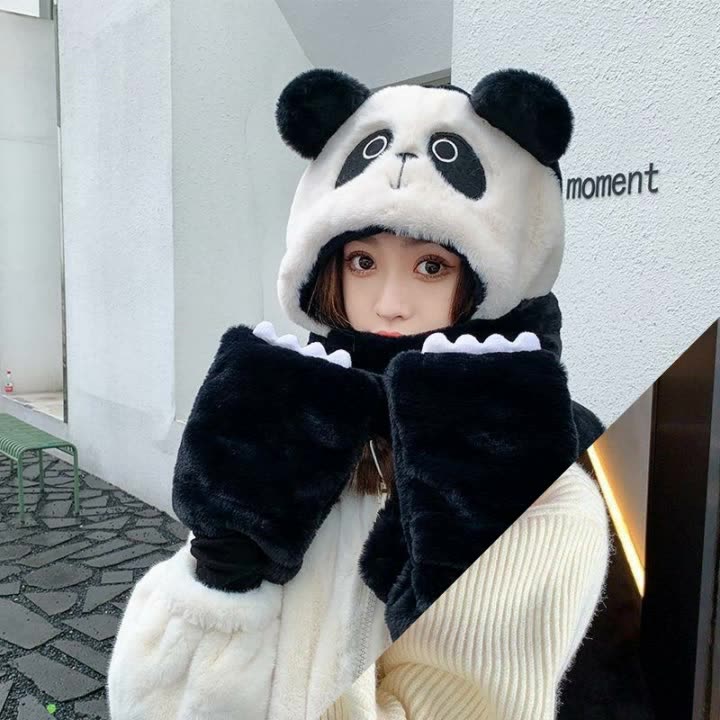 Panda Plush Warm Thickened One Piece Hat Gloves Scarf black  