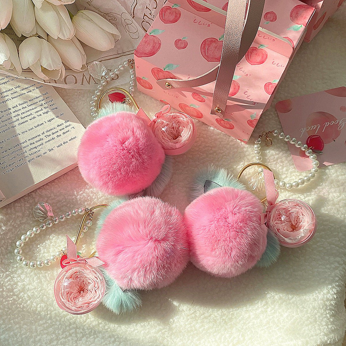 Peach Eternal Flower Pearl Plush Keychain - TOY-ACC-19201 - Yiwuhuazhen - 42shops