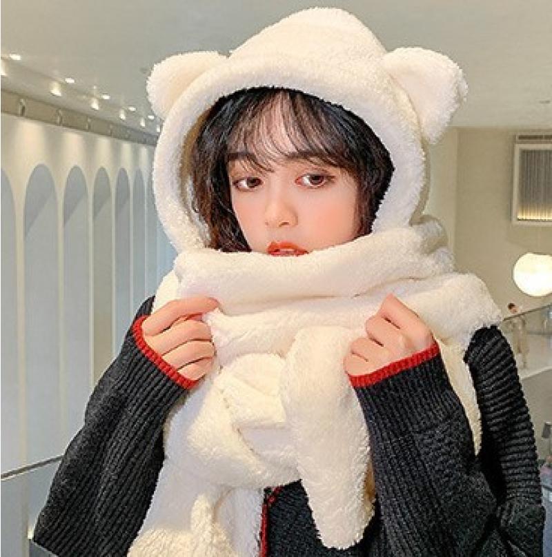 Stuffed Bear Hat Scarf Gloves Sets white-two pieces  