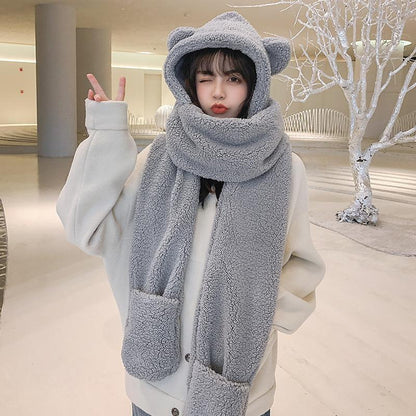Stuffed Bear Hat Scarf Gloves Sets gray-three pieces  