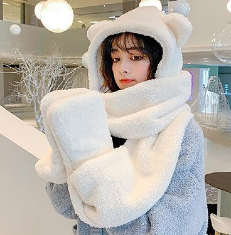 Stuffed Bear Hat Scarf Gloves Sets white-three pieces  