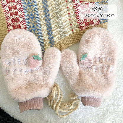 Winter Warm Thickened Gloves With Velvet pink strawberry  